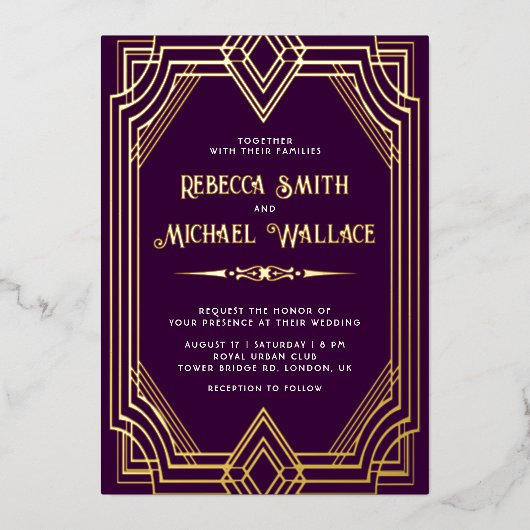 Elegantes geometrisches Kunstmuseum Déco Hochzeit Folieneinladung (Vorderseite)