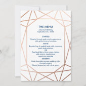 Elegantes geometrisches Menü der Rose Gold & Navy Einladung (Vorderseite)