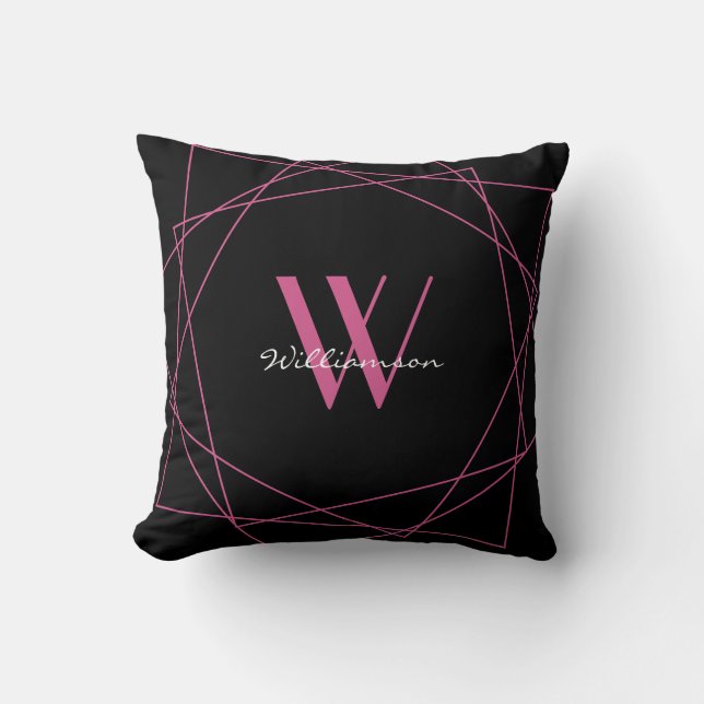 Elegantes geometrisches Schwarz-Pink Monogramm-Nam Kissen (Vorderseite)
