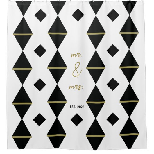 Elegantes geometrisches Schwarz-weißes Gold Couple Duschvorhang (Vorderseite)