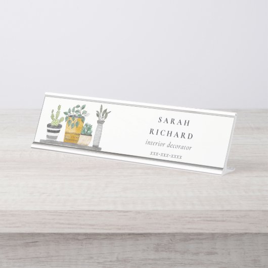 Elegantes gepolstertes Haus Pflanze Wasserfarben B Schreibtischnamensplakette (Vorderseite )