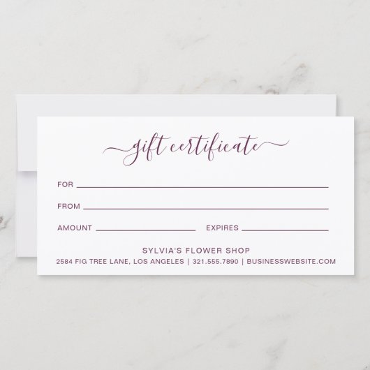 Elegantes Geschenkgutschein für Lila Blumenwirtsch (Rückseite)