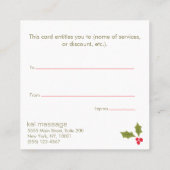 Elegantes Geschenkzertifikat für Weihnachtsfeier Quadratische Visitenkarte (Rückseite)