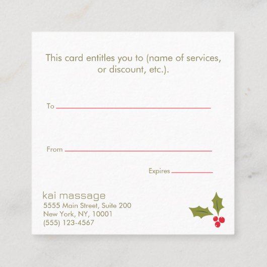 Elegantes Geschenkzertifikat für Weihnachtsfeier Quadratische Visitenkarte (Rückseite)