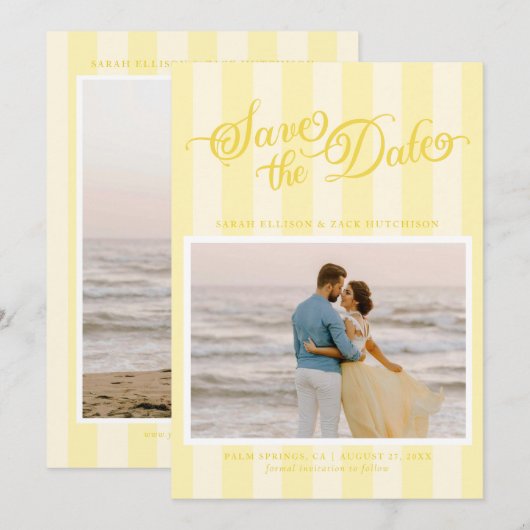 Elegantes gestreiftes Buttergelbes Skript Save the Date (Vorne/Hinten)