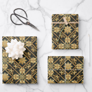 Elegantes gewürfeltes Schwarz-Gold-Muster Geschenkpapier Set