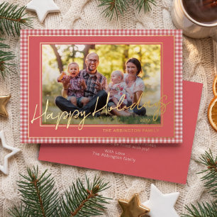 Elegantes Gingham-Goldfolien-Foto der Familie zu d Folien Feiertagskarte