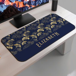 Elegantes Ginkgo-Muster Name Navyblau Gold Schreibtischunterlage