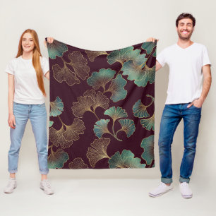 Elegantes Ginkgoblatt in Burgund und Türkis Fleecedecke