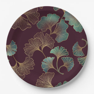 Elegantes Ginkgoblatt in Burgund und Türkis Pappteller