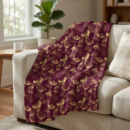 Elegantes Ginkoblattmuster Burgunderrot Gold Fleecedecke