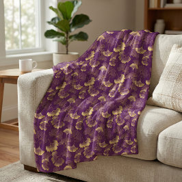Elegantes Ginkoblattmuster Lila Gold Fleecedecke