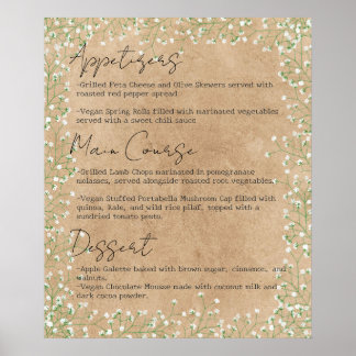 Elegantes Gipskraut Floral Boho Wedding Menu Poster