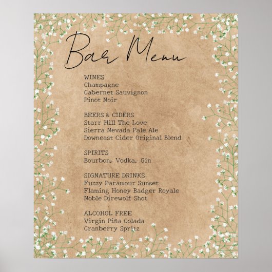 Elegantes Gipskraut Floral Wedding Bar Menu Signat Poster (Vorne)