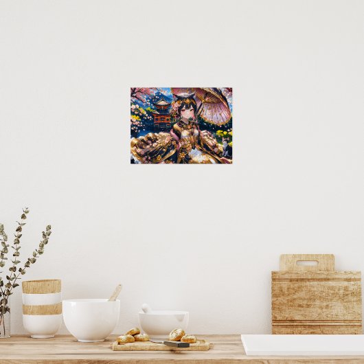 Elegantes Girl im traditionellen Stil mit Sakura B Poster (Küche)