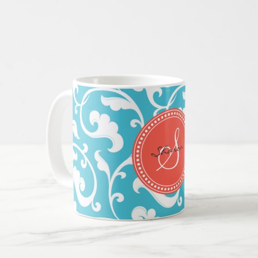 Elegantes girly blaues Blumenmustermonogramm Kaffeetasse (Vorderseite Links)