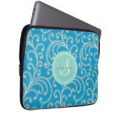 Elegantes girly blaues Blumenmustermonogramm Laptopschutzhülle (Vorne Rechts)