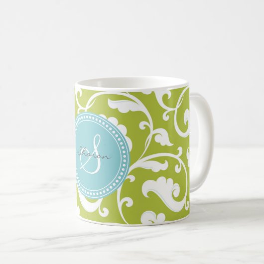 Elegantes girly grünes Blumenmustermonogramm Kaffeetasse (VorderseiteRechts)