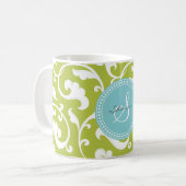 Elegantes girly grünes Blumenmustermonogramm Kaffeetasse (Vorderseite Links)