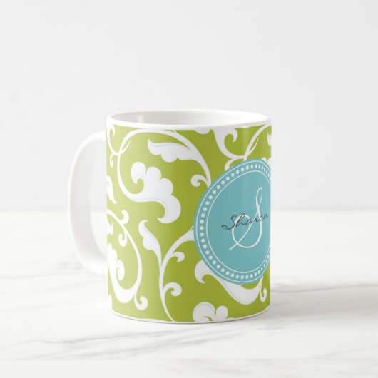Elegantes girly grünes Blumenmustermonogramm Kaffeetasse (Vorderseite Links)