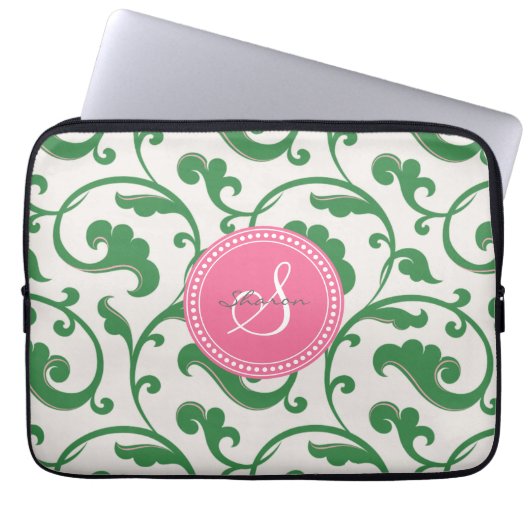 Elegantes girly grünes Blumenmustermonogramm Laptopschutzhülle (Vorderseite)