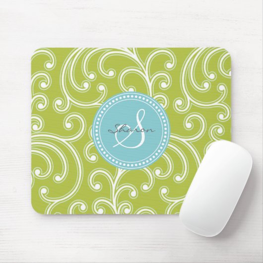 Elegantes girly grünes Blumenmustermonogramm Mousepad (Mit Mouse)