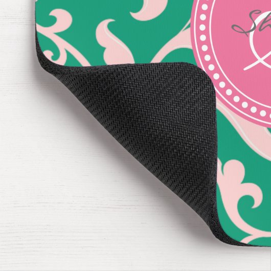 Elegantes girly grünes rosa Blumenmustermonogramm Mousepad (Ecke)