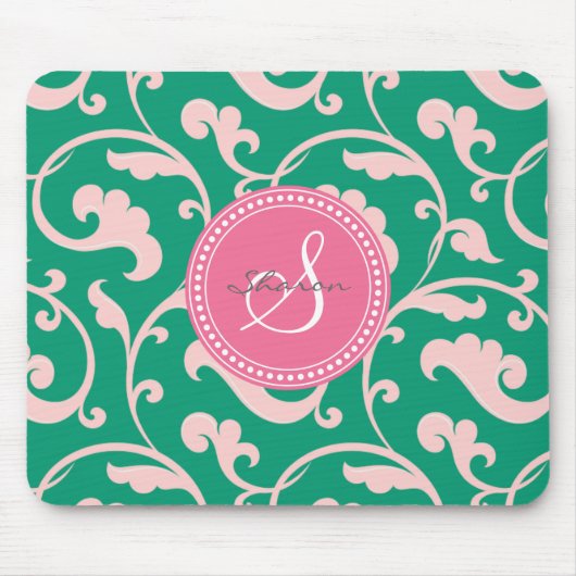Elegantes girly grünes rosa Blumenmustermonogramm Mousepad (Vorne)