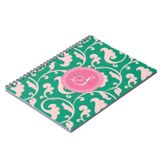 Elegantes girly grünes rosa Blumenmustermonogramm Notizblock (Linke Seite)