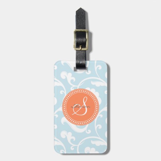 Elegantes girly hellblaues Blumenmustermonogramm Gepäckanhänger (Vorderseite vertikal)