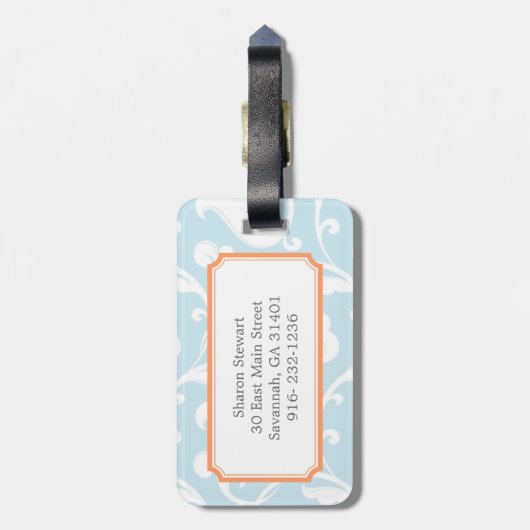 Elegantes girly hellblaues Blumenmustermonogramm Gepäckanhänger (Rückseite vertikal)
