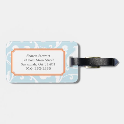 Elegantes girly hellblaues Blumenmustermonogramm Gepäckanhänger (Rückseite horizontal)