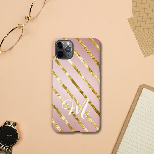 Elegantes Girly Pink & Gold Glitzer Muster Monogra iPhone Hülle