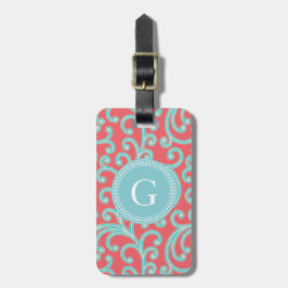 Elegantes girly rotes blaues Blumenmustermonogramm Gepäckanhänger