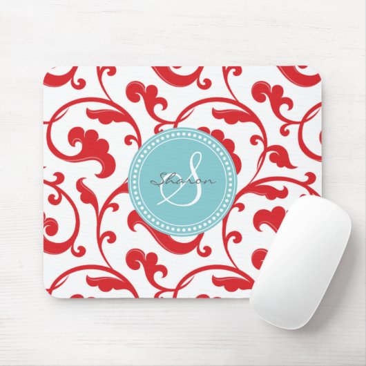 Elegantes girly rotes Blumenmustermonogramm Mousepad (Mit Mouse)