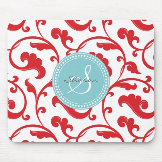 Elegantes girly rotes Blumenmustermonogramm Mousepad (Vorne)