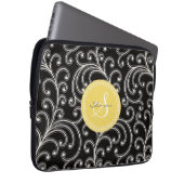 Elegantes girly schwarzes Blumenmustermonogramm Laptopschutzhülle (Vorne Rechts)
