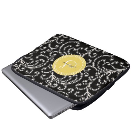 Elegantes girly schwarzes Blumenmustermonogramm Laptopschutzhülle (Vorne Knopf)