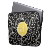Elegantes girly schwarzes Blumenmustermonogramm Laptopschutzhülle (Vorderseite Links)