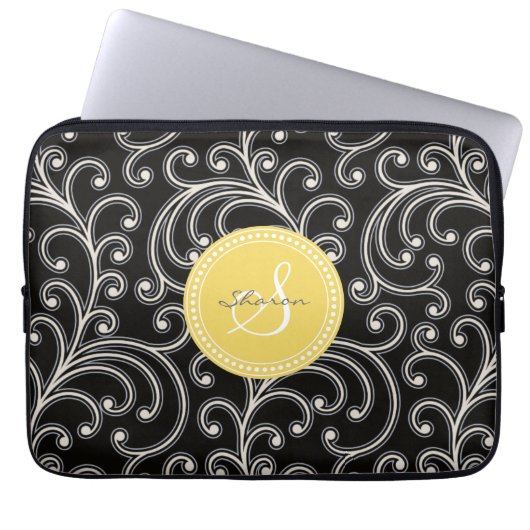 Elegantes girly schwarzes Blumenmustermonogramm Laptopschutzhülle (Vorderseite)