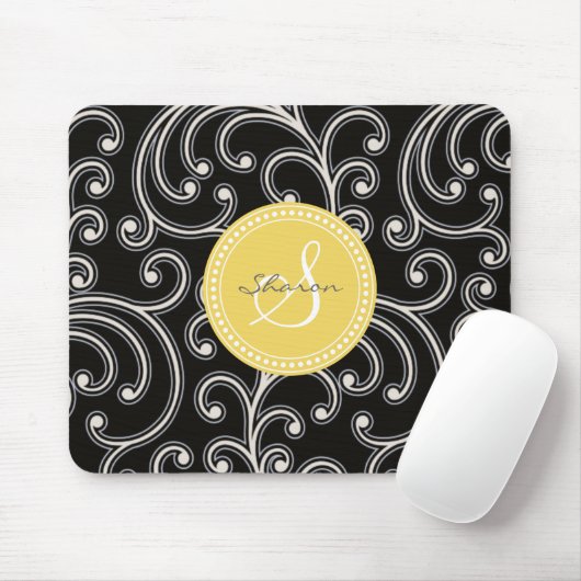 Elegantes girly schwarzes Blumenmustermonogramm Mousepad (Mit Mouse)