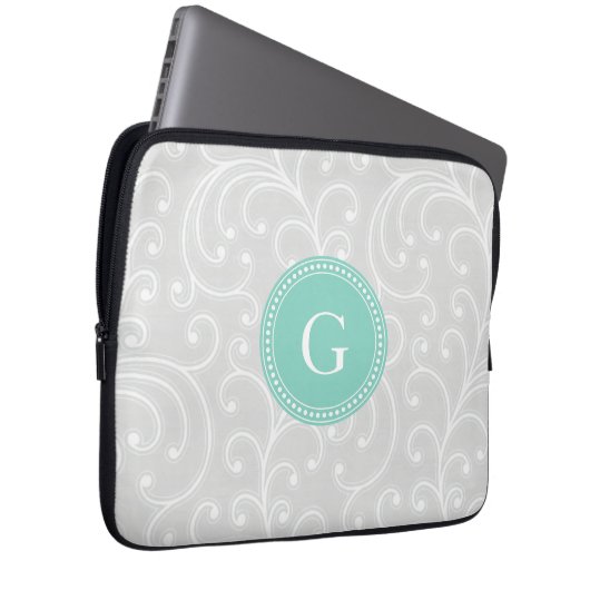Elegantes girly silbernes Blumenmustermonogramm Laptopschutzhülle (Vorne Rechts)