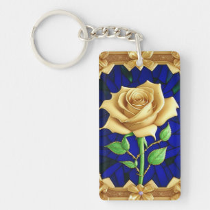 Elegantes Glasfenster mit goldener Rose Schlüsselanhänger