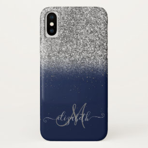 Elegantes Glitter Ombre Silber Monogramm Navy Blau Case-Mate iPhone Hülle