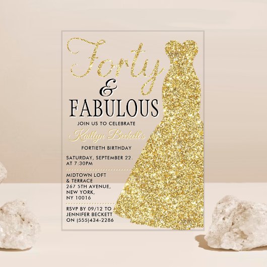 Elegantes Glitzer Dress | 40 & Fabulous Birthday Acryleinladungen