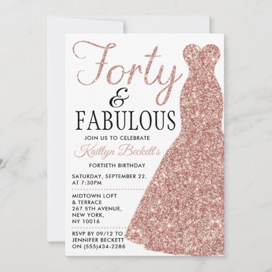 Elegantes Glitzer Dress | 40 & Fabulous Birthday Einladung (Vorderseite)