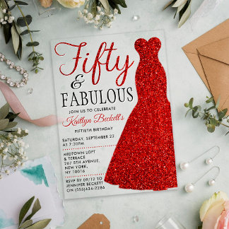 Elegantes Glitzer Dress | 50 & Fabulous Geburtstag Acryleinladungen