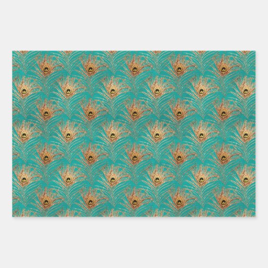 Elegantes Glitzer Peacock Feathers Pattern Geschenkpapier Set (Vorderseite 3)