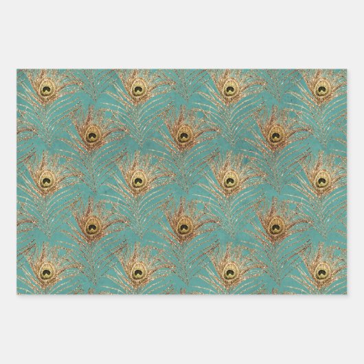 Elegantes Glitzer Peacock Feathers Pattern Geschenkpapier Set (Vorderseite 2)
