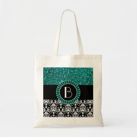 Elegantes Glitzer-und Damast-Muster mit Monogramm Tragetasche (Vorne)